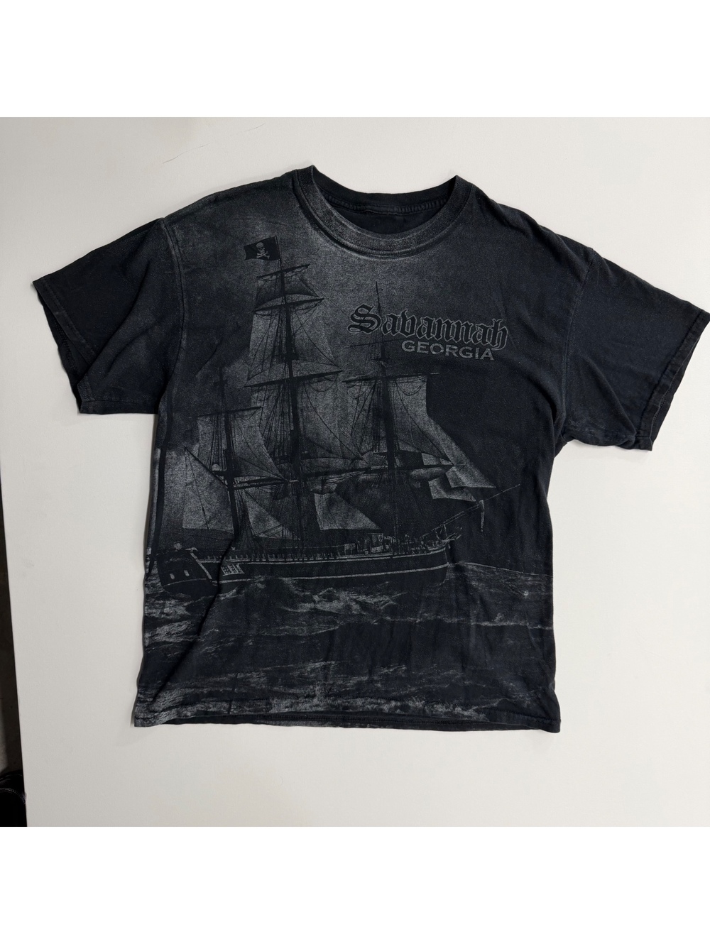 Vintage Savannah Georgia Black Graphic T-Shirt with Ship Design